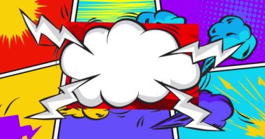 Çizgi roman konuşma baloncuğu animasyonu, çizgi roman tarzı. Renkli arkaplanda hareket eden Retro manga çizgi film ögeleri.