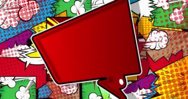 Çizgi roman konuşma baloncuğu animasyonu, çizgi roman tarzı. Renkli arkaplanda hareket eden Retro manga çizgi film ögeleri.