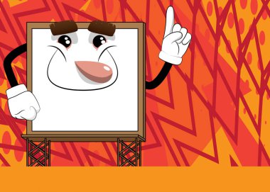 Reklam panosu bir şey anlatıyor. Sevimli çizgi film reklam levhası, afiş karakteri.