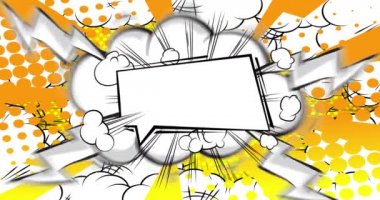 Çizgi roman konuşma baloncuğu animasyonu, çizgi roman tarzı. Sarı arkaplanda hareket eden Retro manga çizgi film elemanları.