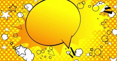 Çizgi roman konuşma baloncuğu animasyonu, çizgi roman tarzı. Sarı arkaplanda hareket eden Retro manga çizgi film elemanları.