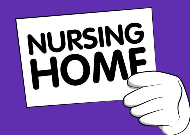 Karikatür El 'in elinde pankart, üzerinde de Bakımevi yazısı var. Reklam panosu gösteren adam.