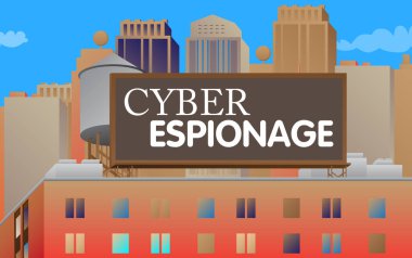 Siber casusluk metni bir tuğla binanın tepesindeki reklam panosunda. Şehirdeki açık hava reklamı. Bir mimarinin çatısında büyük bir pankart.