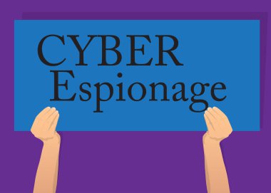 Büyük bir kağıtta Siber Casusluk yazısıyla el ele tutuşma afişi. Reklam panosu gösteren adam.