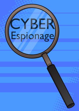 Mavi arkaplanda büyüteç altında Siber Casusluk metni.