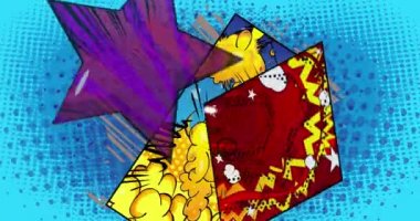 Pop sanatında arka plan animasyonu, çizgi roman tarzı. Retro manga karikatür arka planı. Çizgi roman öğeleri, noktalar, konuşma baloncukları, hareket eden bulutlar.