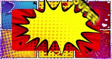 Süper Bakımevi. Hareket posteri. 4k animasyon çizgi roman kelime metni soyut çizgi roman arkaplanı üzerinde hareket ediyor. Retro pop sanat tarzı.