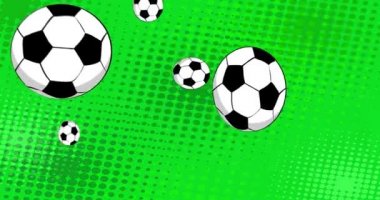 Futbol, futbol topları. Hareket posteri. Soyut çizgi roman arkaplanı üzerinde hareket eden 4k animasyon çizgi roman nesneleri. Retro pop sanat tarzı.