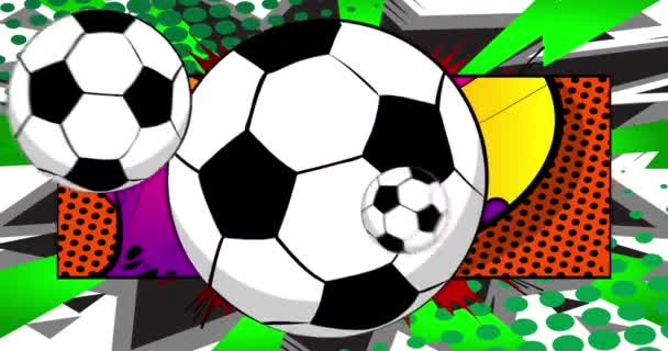 Soccer Football Balls Motion Poster Animated Comic Book Objects Moving — Stock Video