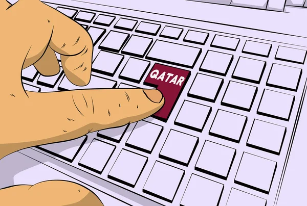 Bilgisayar Klavyesinde Katar Kelimesi Adam Dizüstü Bilgisayarda Tuş Takımına Basıyor — Stok Vektör