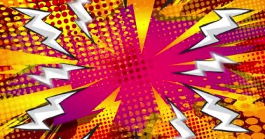 Konuşma köpüğü arka plan animasyonu pop sanatında, çizgi roman tarzında. Retro manga karikatür arka planı. Çizgi roman ögeleri hareket ediyor.