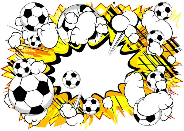 サッカーボール付きのコミックブックポスター 漫画を背景にサッカーボール レトロなポップアートスタイルのスポーツイベントバナー 招待状 チラシ チラシ用ベクトルイラスト — ストックベクタ