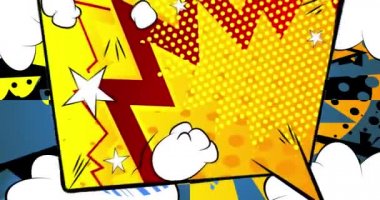 Popüler sanatta renkli konuşma balonu arka plan animasyonu, çizgi roman tarzı. Retro manga karikatür arka planı. Çizgi roman ögeleri hareket ediyor.