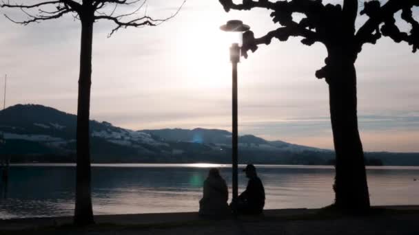 情侣们在湖边享受着美妙的日落 时间的概念 时间的流逝 高质量的4K镜头 — 图库视频影像