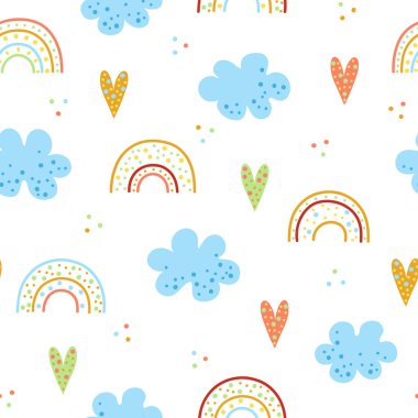 Beyaz bir arka planda bulutlar ve gökkuşakları ile neşeli renksiz desen.