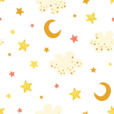 Hava bulutlu, yıldızlı ve aylı kusursuz çizgi film deseni. Sıcak renklerde moda dekoratif desen.