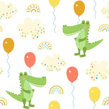 Çizgi filmdeki sevimli timsah, balon, gökkuşağı desenli kusursuz desen. Bebek tekstil.
