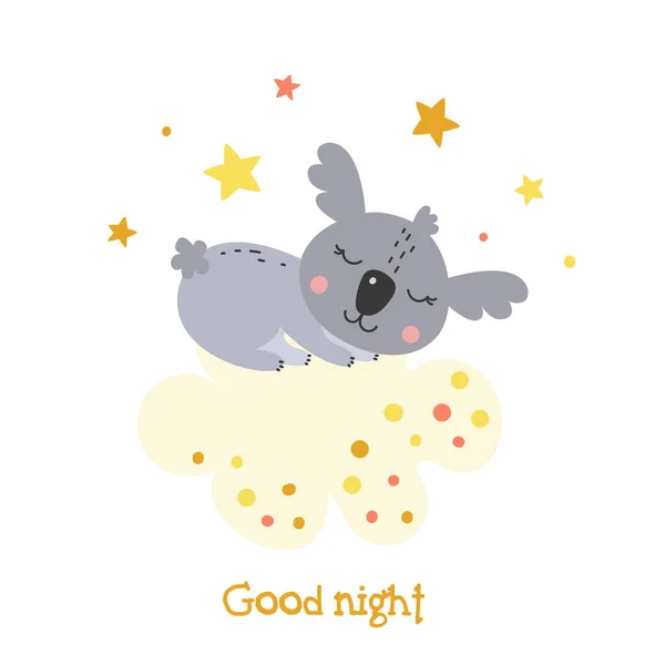 Cute Koala Sleeping Sweetly Cloud Children Illustration Good Night Poster — Stock Vector