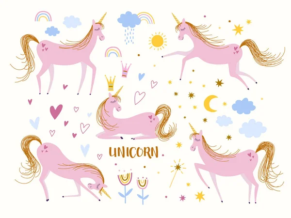 Çocuk çizimleri seti. Pembe tek boynuzlu atlar farklı pozlarda, bulutlar, güneş, gökkuşağı, yıldızlar, kalpler. Tek boynuzlu at prensesi.