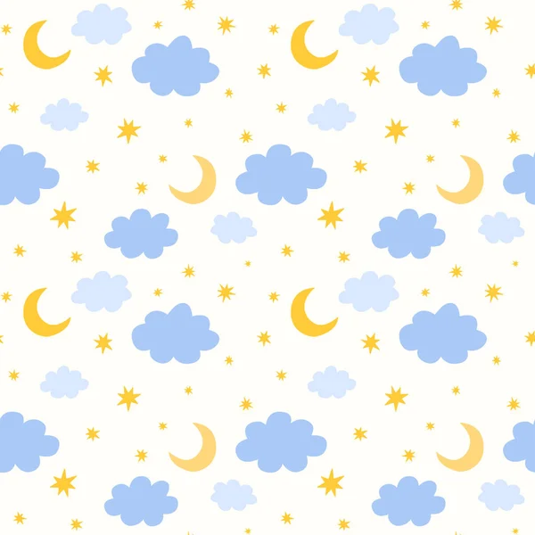 Seamless Pattern Moon Stars Clouds — Stock Vector