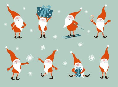 Şirin Noel cüceleri. Farklı pozlarda Noel cücesi. Vektör illüstrasyonu.