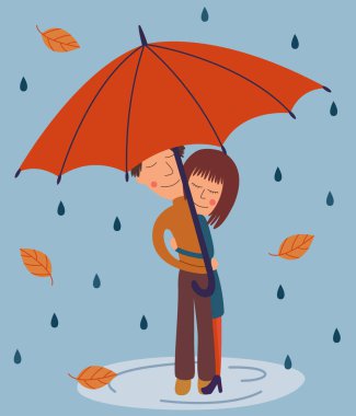 Karikatür tarzında yağmurda aşık bir çift. Sonbahar geldi. Vektör illüstrasyonu.