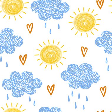 Beyaz arka planda güneşli ve bulutlu pürüzsüz bir desen. Elle çizilmiş şirin desen.