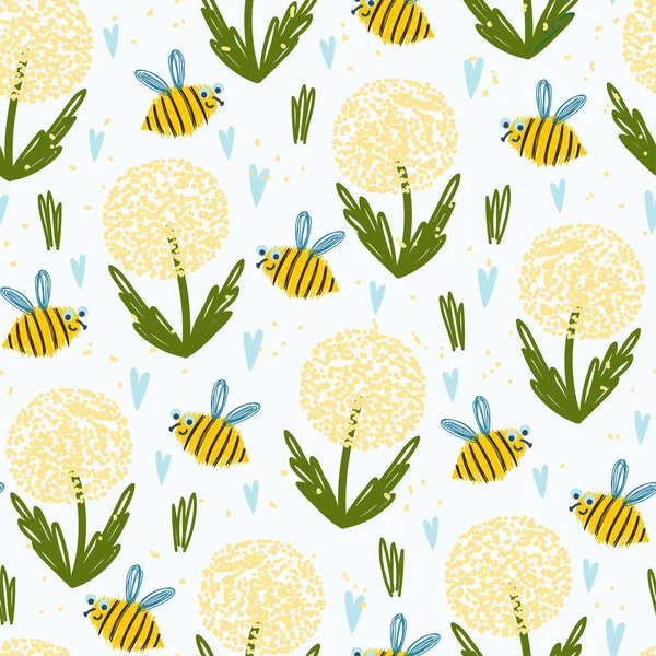 Seamless pattern with dandelions and bees on a white background. Hand-drawn flower meadow pattern.