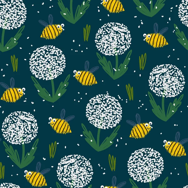 Seamless pattern with dandelions and bees on a dark background.