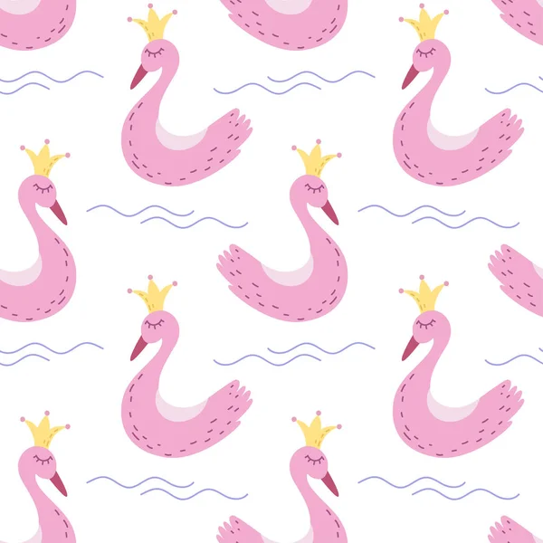 Swan Princess Seamless Pattern Vector Fairy Tale Cute Illustration Hand — Stock Vector