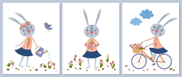 かわいいうさぎがいるカードのセット ウサギは自転車に乗り イチゴに散水缶を注ぎ 花束を集めます — ストックベクタ