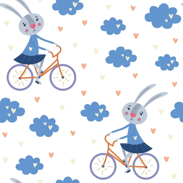 Бесшовные Шаблоны Милый Кролик Велосипеде Облака Векторная Иллюстрация — стоковый вектор
