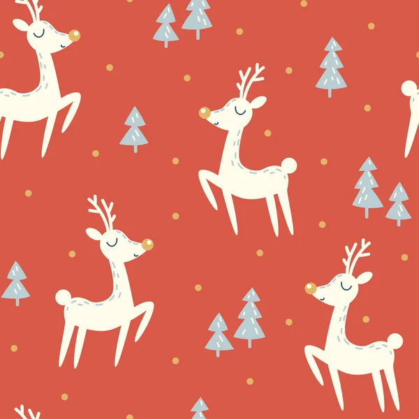 Weihnachtshirsch Und Weihnachtsbaum Auf Rotem Hintergrund Nahtloses Muster — Stockvektor