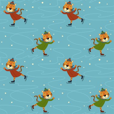 2022 'nin sembolü olan kusursuz desen. Tatlı bir kaplan buzda kayıyor. Yeni yıl şablonu.