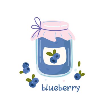 Bir kavanoz yabanmersini reçeli. Yabanmersini. Tatlı ürün koleksiyonu tasarım elementleri. Ev yapımı şeker, marmelat, çizgi film tarzında konfeksiyon..