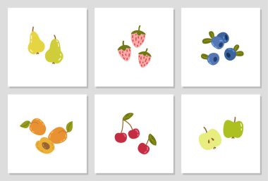 Çizgi film tarzında meyve ve dut seti. Çilek, yabanmersini, şeftali, armut, elma ve kiraz. Çilek simgesi.