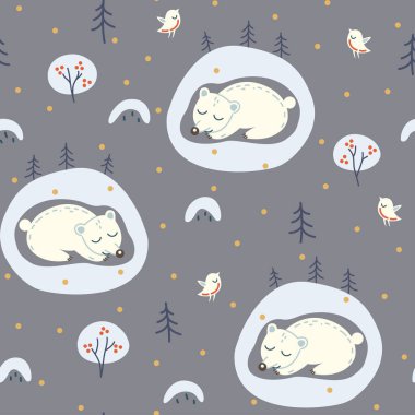 Bir mağarada, kış ormanlarında, ispinozlarda, dağ küllerinde, kar yığınlarında ve kar yağışlarında ayıların kusursuz desenleri tekrarlanıyor. Noel ambalaj kağıdı tasarımı.