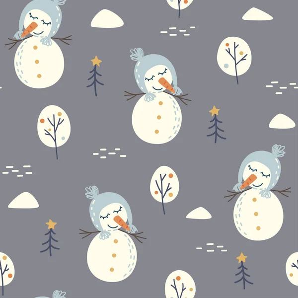 Nahtloses Muster Mit Niedlichem Schneemann Weihnachtsbäumen Schneewehen Wintermuster Packpapier Design — Stockvektor