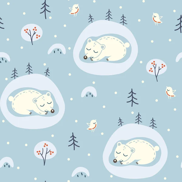 Бесшовный Зимний Рисунок Медведя Логове Зимний Лес Снег Медведь Спит — стоковый вектор