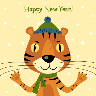 Şapkalı ve atkılı şirin bir kaplanın yeni yıl kartı. Yeni 2022 'nin sembolü. Vektör illüstrasyonu.