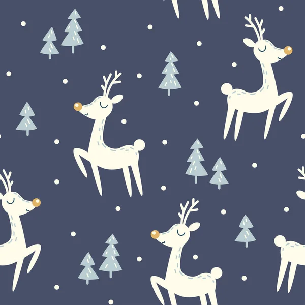 Seamless Repeat Pattern Christmas Deer Fir Tree Snowfall — 图库矢量图片
