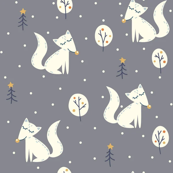 拥有可爱狐狸 圣诞树和降雪的无缝图案 — 图库矢量图片
