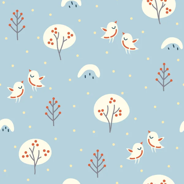 Seamless Pattern Bullfinches Snowdrifts Mountain Ash Winter Background Cartoon Style — Stock Vector