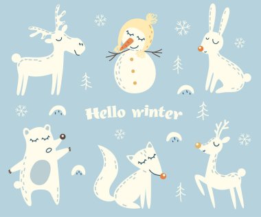 Kış karakterleri ve çizgi film tarzında elementler. Tilki, kardan adam, geyik, Noel geyiği, tavşan, ayı. Merhaba kış..