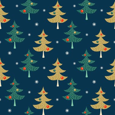 Çizgi film tarzında koyu bir arka planda Noel ağacı ve kar taneleriyle kusursuz desen..