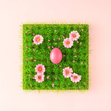 Pembe Paskalya yumurtası ve çimlerin üzerinde çiçekler olan yaratıcı düz kompozisyon. Pastel renkler ve yumuşak gölgeler. Çağdaş tatil kavramı.
