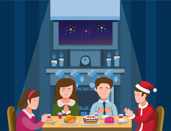 Családi Karácsonyi Vacsora Családi Ima Előtt Enni Karácsonykor Vagy Újév — Stock Vector