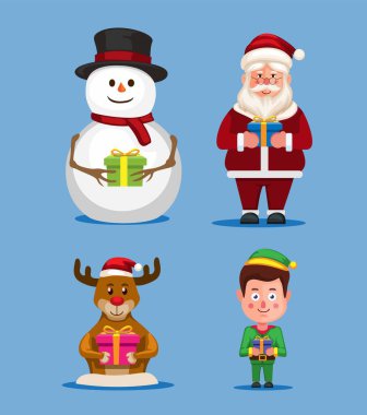 Noel Baba, kardan adam geyiği ve elf karakter çizim vektörüyle Noel kutlaması