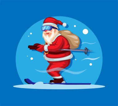 Noel Baba Noel Baba hediye çantasıyla kayak yapıyor. Karakter çizim vektörü.