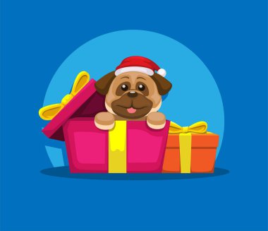 Noel karikatür çizim vektöründe hediye kutusu olan yavru Buldog.
